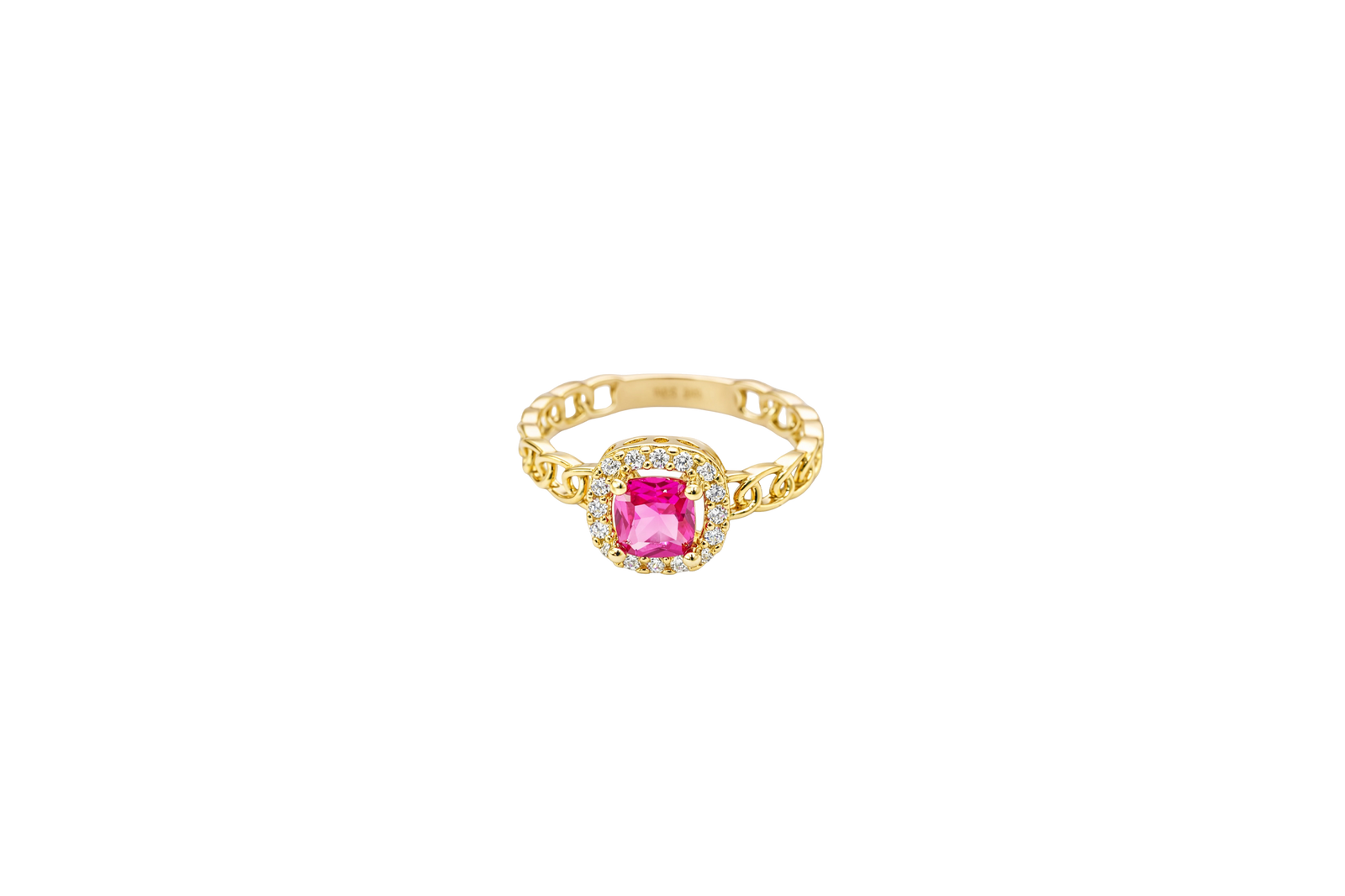 14KT Gold Ring Women's Square Red Center Stone with White CZ Stone Border Chino Band