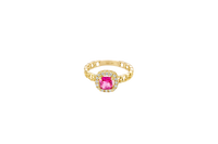 14KT Gold Ring Women's Square Red Center Stone with White CZ Stone Border Chino Band