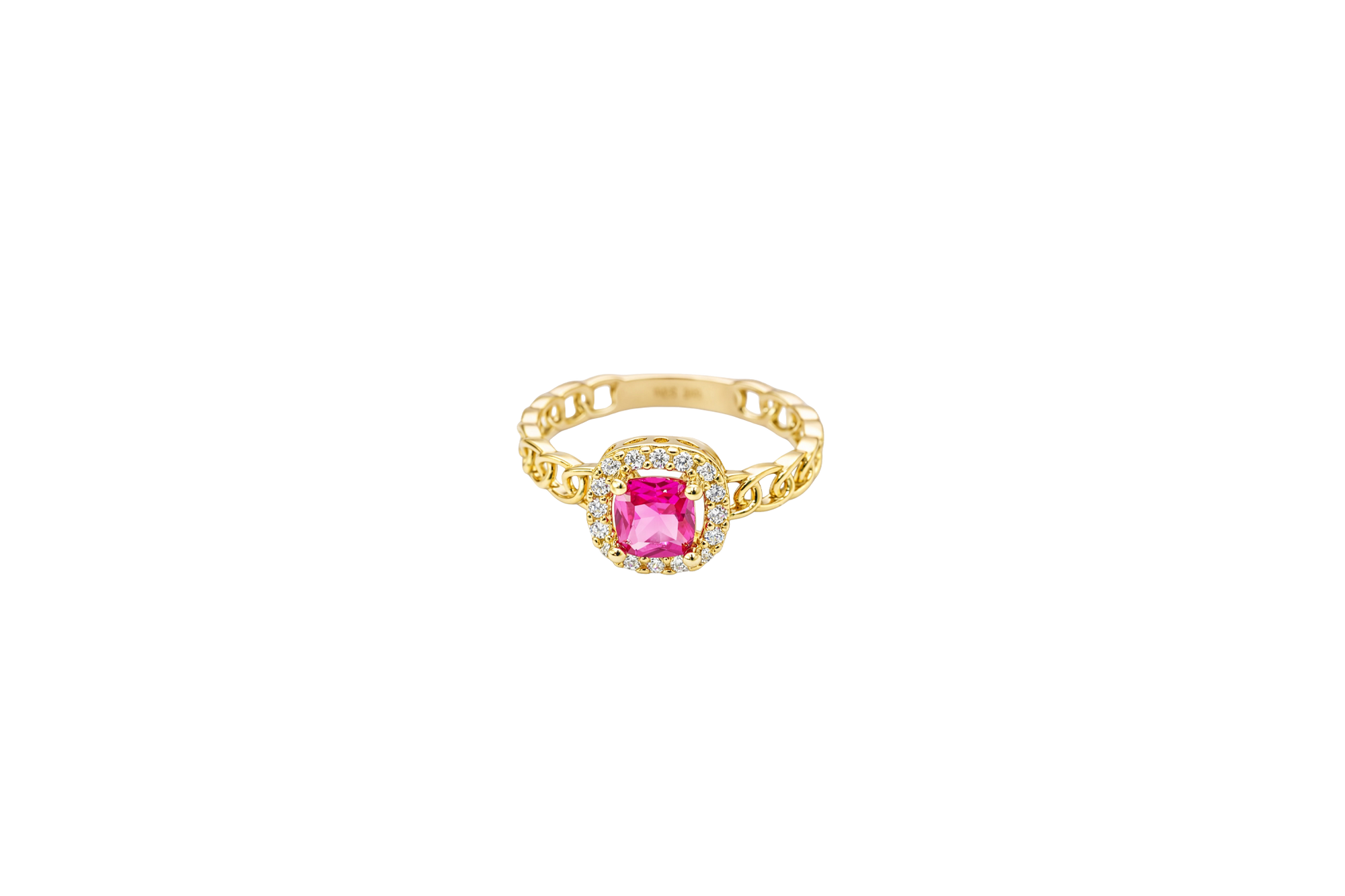 14KT Gold Ring Women's Square Red Center Stone with White CZ Stone Border Chino Band
