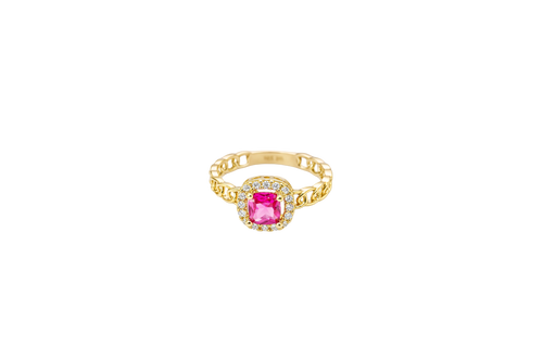14KT Gold Ring Women's Square Red Center Stone with White CZ Stone Border Chino Band