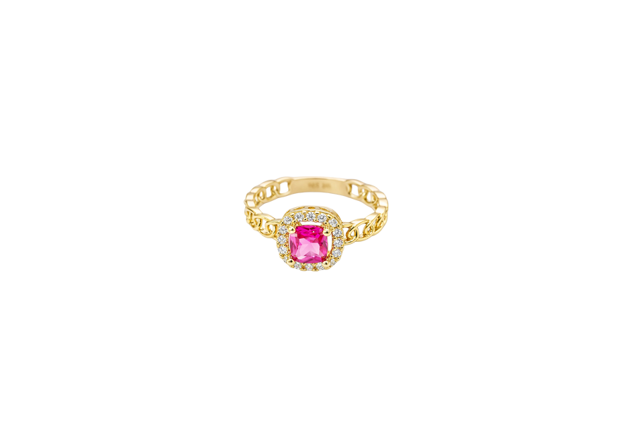 14KT Gold Ring Women's Square Red Center Stone with White CZ Stone Border Chino Band
