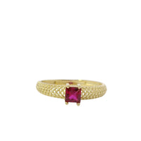 14KT Gold Ring Women's Square Dark Pink Center Honeycomb Cutout Band