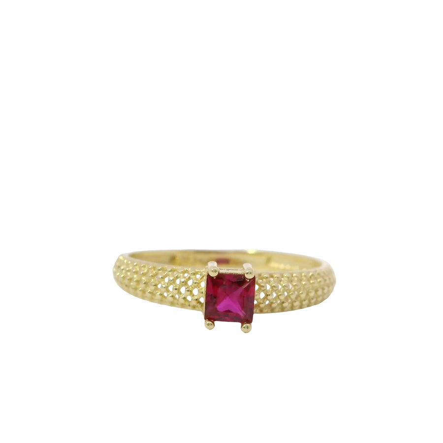 14KT Gold Ring Women's Square Dark Pink Center Honeycomb Cutout Band