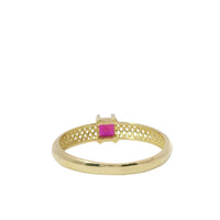 14KT Gold Ring Women's Square Dark Pink Center Honeycomb Cutout Band