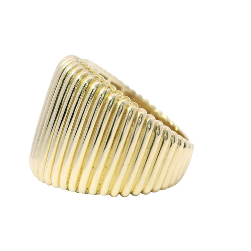 14KT Gold Ring Women's Plain Ribbed Band White CZ Stone Edge