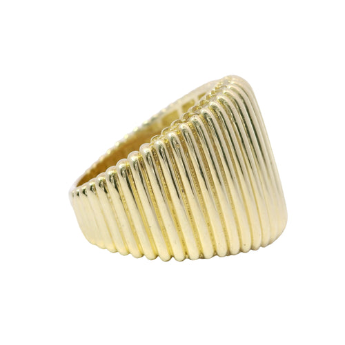 14KT Gold Ring Women's Plain Ribbed Band White CZ Stone Edge