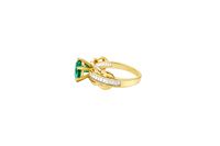 14KT Gold Ring Women's Round Dark Green 6 Prong Center CZ Scallop Border Baguette Band