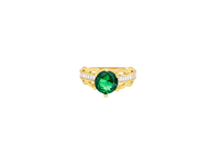 14KT Gold Ring Women's Round Dark Green 6 Prong Center CZ Scallop Border Baguette Band