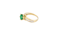 14KT Gold Ring Women's Round Dark Green CZ Center Stone and Single Row White CZ Baguettes with "S" Band