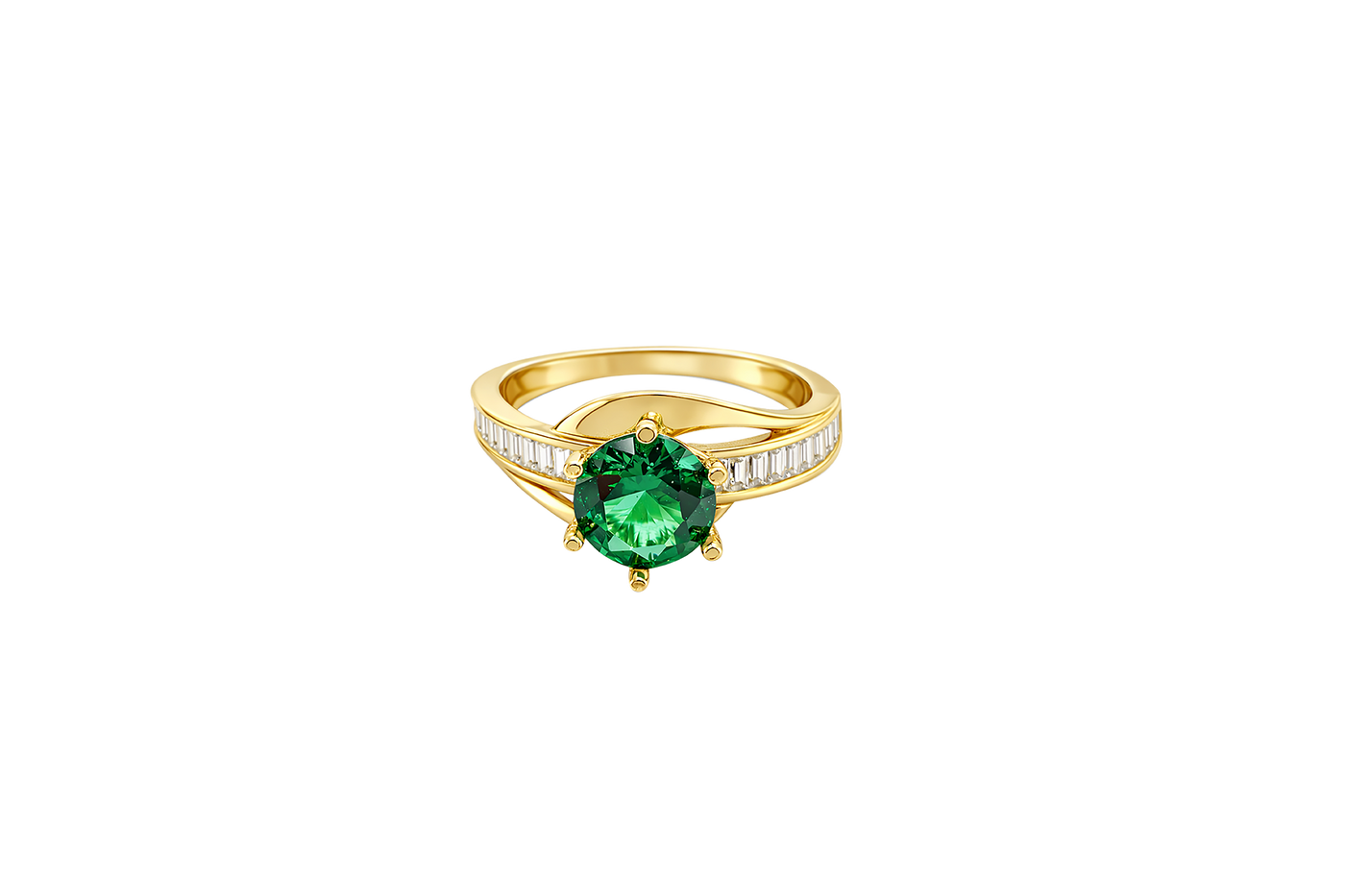 14KT Gold Ring Women's Round Dark Green CZ Center Stone and Single Row White CZ Baguettes with "S" Band