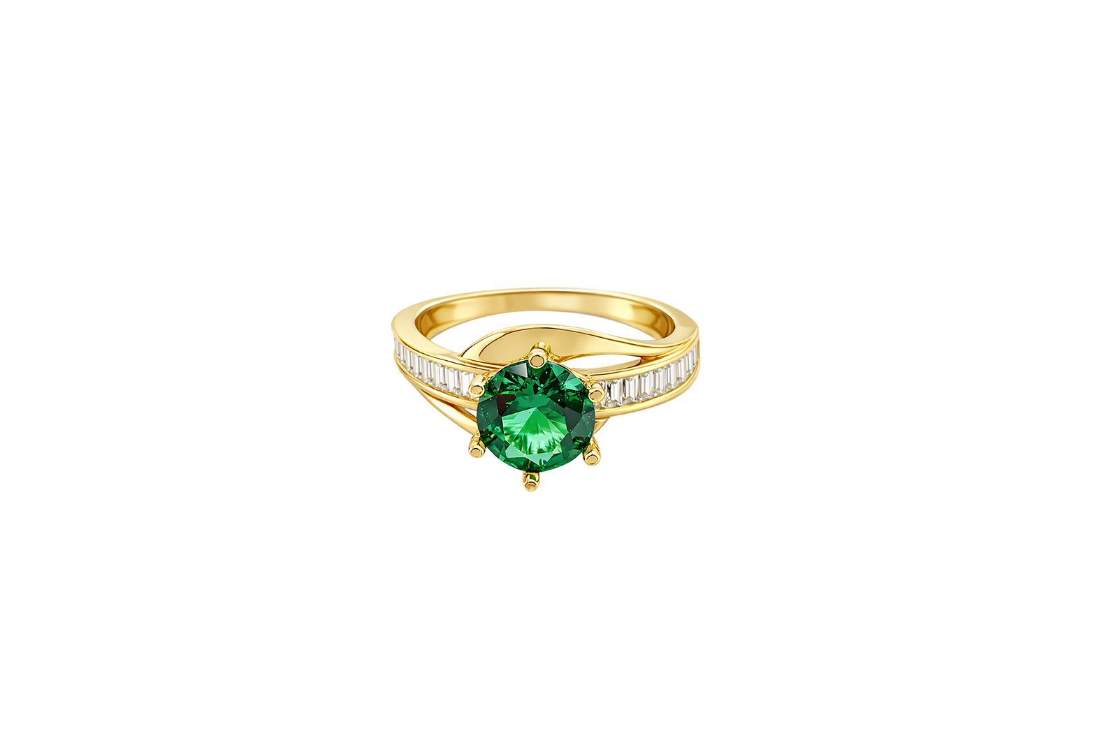 14KT Gold Ring Women's Round Dark Green CZ Center Stone and Single Row White CZ Baguettes with "S" Band