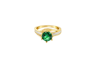14KT Gold Ring Women's Round Dark Green CZ Center Stone and Single Row White CZ Baguettes with "S" Band