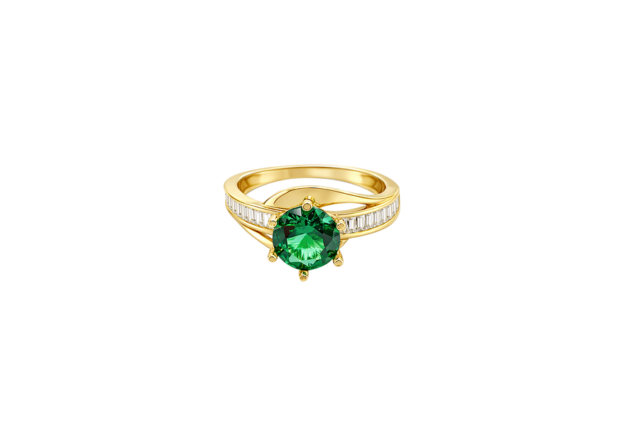 14KT Gold Ring Women's Round Dark Green CZ Center Stone and Single Row White CZ Baguettes with "S" Band