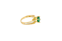 14KT Gold Ring Women's Round Dark Green CZ Center Stone and Single Row White CZ Baguettes with "S" Band