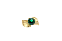 14KT Gold Ring Women's Round Dark Green CZ Center Stone Double White CZ Stone Band with Plain "S" Ribbon