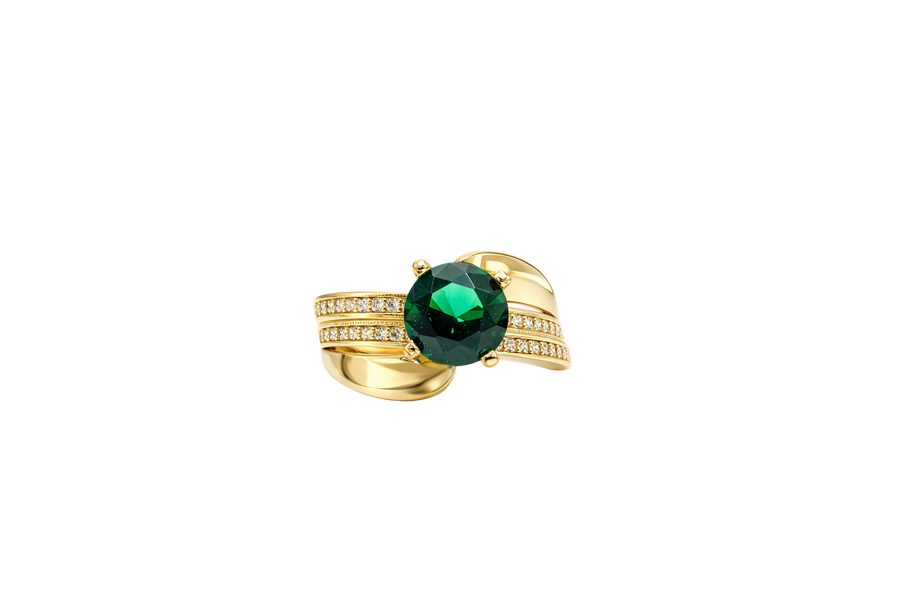 14KT Gold Ring Women's Round Dark Green CZ Center Stone Double White CZ Stone Band with Plain "S" Ribbon