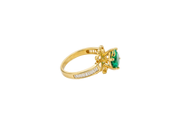 14KT Gold Ring Women's Round Dark Green CZ Center Stone Open Flower Heart Petals with White CZ Baguette Stone Band