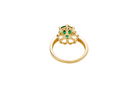 14KT Gold Ring Women's Round Dark Green CZ Center Stone Open Flower Heart Petals with White CZ Baguette Stone Band