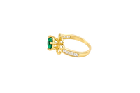 14KT Gold Ring Women's Round Dark Green CZ Center Stone Open Flower Heart Petals with White CZ Baguette Stone Band