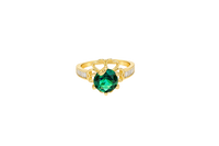 14KT Gold Ring Women's Round Dark Green CZ Center Stone Open Flower Heart Petals with White CZ Baguette Stone Band