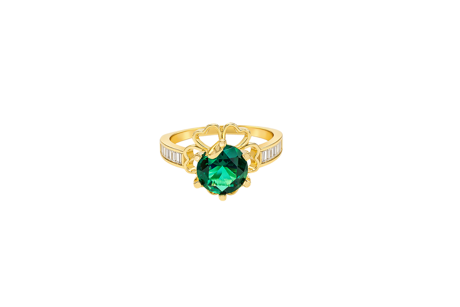 14KT Gold Ring Women's Round Dark Green CZ Center Stone Open Flower Heart Petals with White CZ Baguette Stone Band