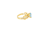 14KT Gold Ring Women's Round Light Blue 6 Prong Center CZ Scallop Border Baguette Band