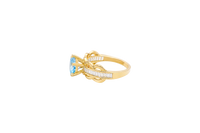 14KT Gold Ring Women's Round Light Blue 6 Prong Center CZ Scallop Border Baguette Band