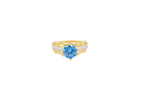 14KT Gold Ring Women's Round Light Blue 6 Prong Center CZ Scallop Border Baguette Band
