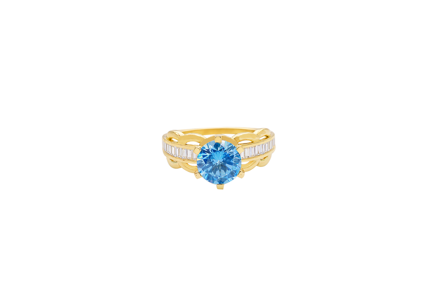 14KT Gold Ring Women's Round Light Blue 6 Prong Center CZ Scallop Border Baguette Band