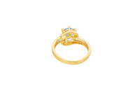 14KT Gold Ring Women's Round Light Blue CZ Center Stone and Single Row White CZ Baguettes with "S" Band