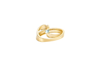 14KT Gold Ring Women's Round Light Blue CZ Center Stone Double White CZ Stone Band with Plain "S" Ribbon