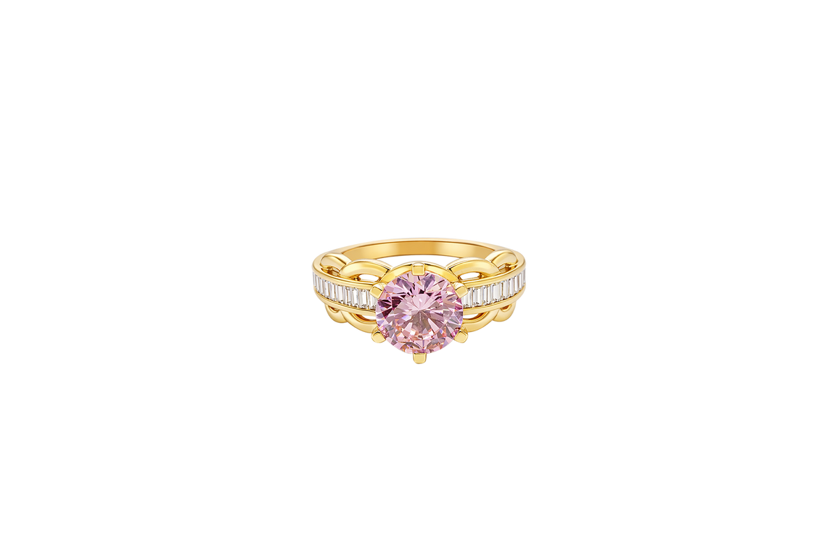 14KT Gold Ring Women's Round Pink 6 Prong Center CZ Scallop Border Baguette Band