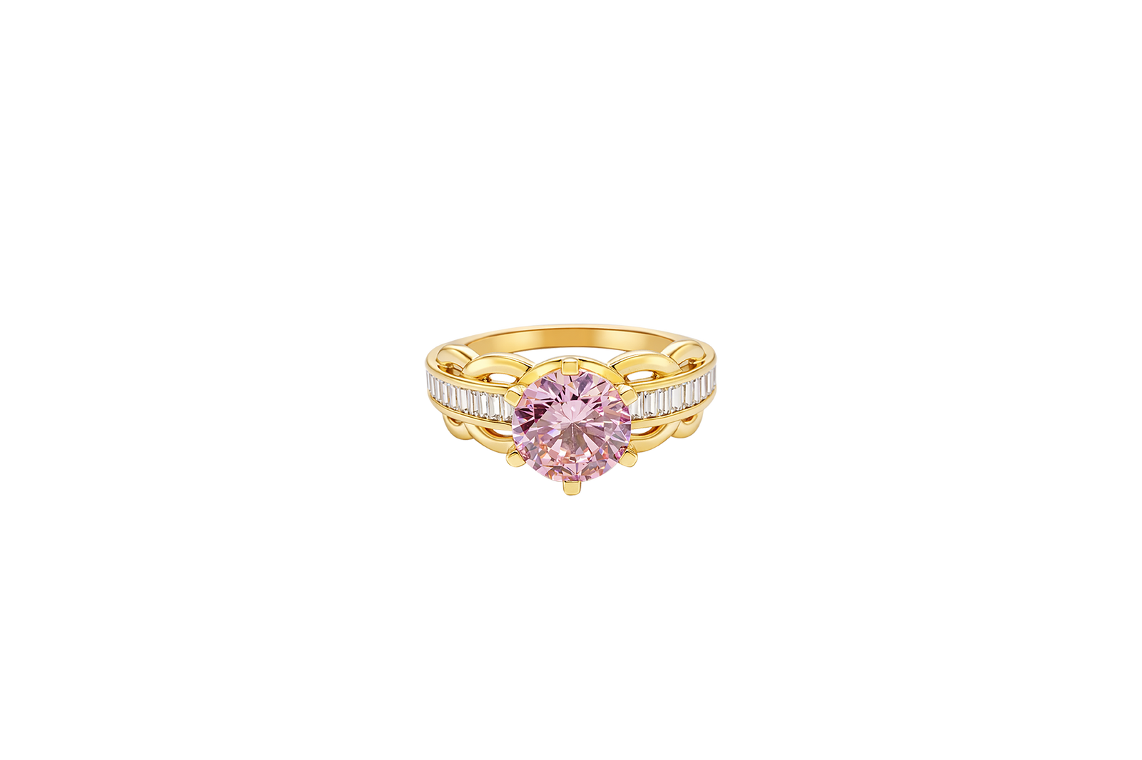 14KT Gold Ring Women's Round Pink 6 Prong Center CZ Scallop Border Baguette Band
