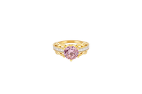 14KT Gold Ring Women's Round Pink 6 Prong Center CZ Scallop Border Baguette Band