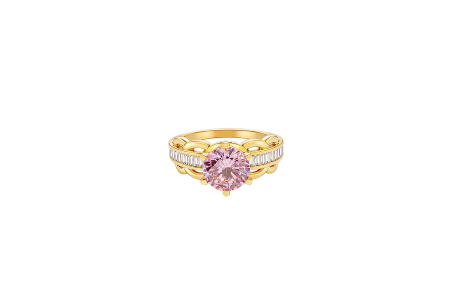 14KT Gold Ring Women's Round Pink 6 Prong Center CZ Scallop Border Baguette Band