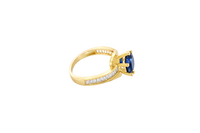 14KT Gold Ring Women's Round Navy Blue CZ Center Stone and Single Row White CZ Baguettes with "S" Band