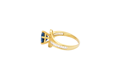 14KT Gold Ring Women's Round Navy Blue CZ Center Stone and Single Row White CZ Baguettes with "S" Band