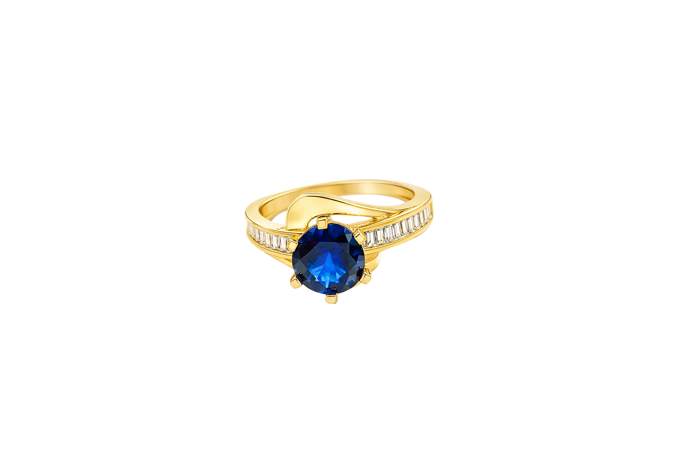 14KT Gold Ring Women's Round Navy Blue CZ Center Stone and Single Row White CZ Baguettes with "S" Band