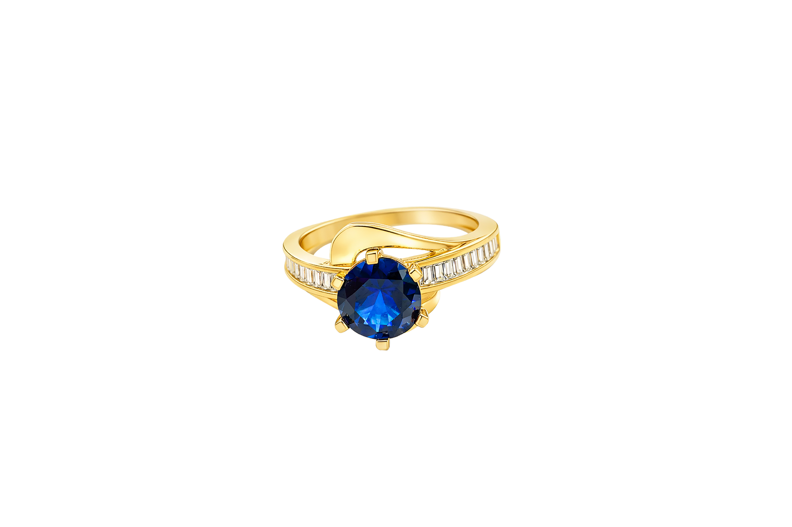 14KT Gold Ring Women's Round Navy Blue CZ Center Stone and Single Row White CZ Baguettes with "S" Band
