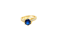 14KT Gold Ring Women's Round Navy Blue CZ Center Stone and Single Row White CZ Baguettes with "S" Band