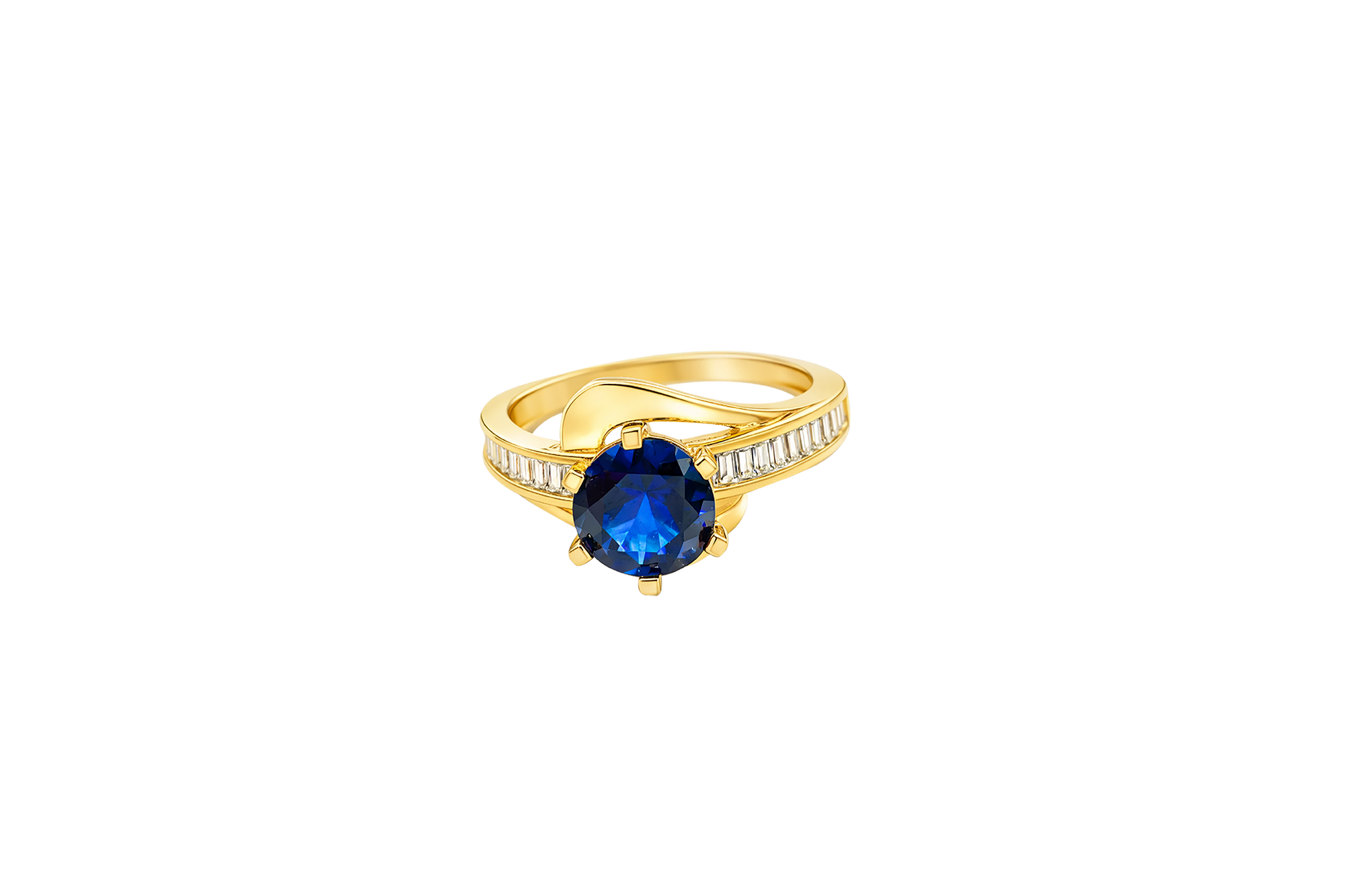 14KT Gold Ring Women's Round Navy Blue CZ Center Stone and Single Row White CZ Baguettes with "S" Band