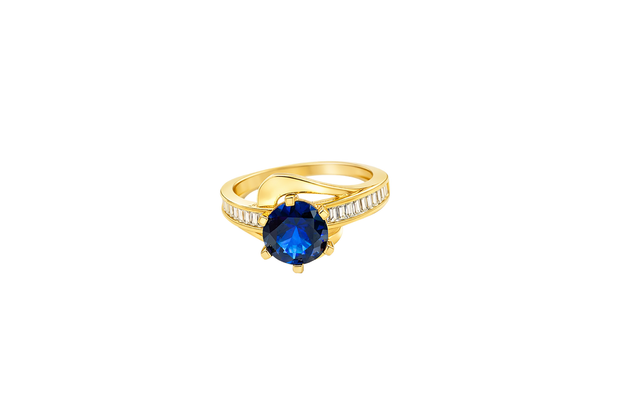 14KT Gold Ring Women's Round Navy Blue CZ Center Stone and Single Row White CZ Baguettes with "S" Band