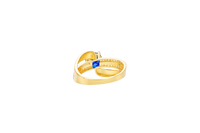 14KT Gold Ring Women's Round Navy Blue CZ Center Stone Double White CZ Stone Band with Plain "S" Ribbon