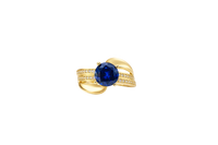 14KT Gold Ring Women's Round Navy Blue CZ Center Stone Double White CZ Stone Band with Plain "S" Ribbon