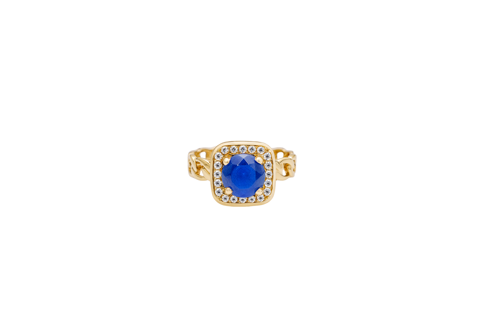 14KT Gold Ring Women's Navy Blue Round Center CZ Stone Square White Round CZ Stones Border Cuban Link Band