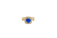 14KT Gold Ring Women's Navy Blue Round Center CZ Stone Square White Round CZ Stones Border Cuban Link Band