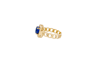 14KT Gold Ring Women's Navy Blue Round Center CZ Stone Square White Round CZ Stones Border Cuban Link Band