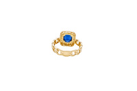 14KT Gold Ring Women's Navy Blue Round Center CZ Stone Square White Round CZ Stones Border Cuban Link Band