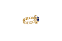 14KT Gold Ring Women's Navy Blue Round Center CZ Stone Square White Round CZ Stones Border Cuban Link Band