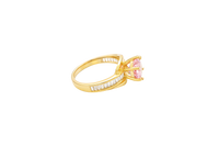 14KT Gold Ring Women's Round Pink CZ Center Stone and Single Row White CZ Baguettes with "S" Band